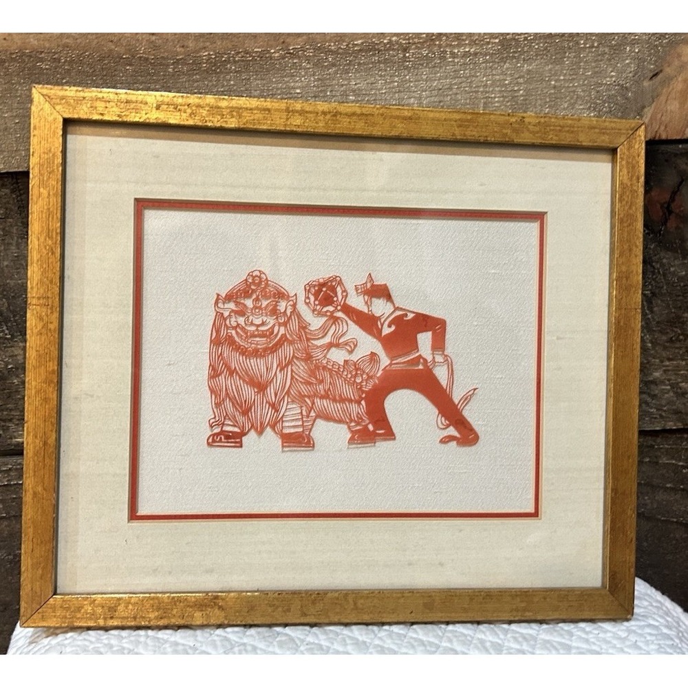 Vintage Chinese Paper Cut Art Framed Lion  Folk Art Wall Decor‎